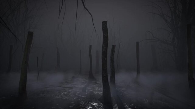 A dark and spooky swamp forest at night with eerie dead tree stumps surrounded by thick fog