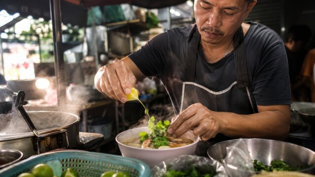 Thai cook adds herbs and lime to a steaming bowl of tom yum in a busy street kitchen.