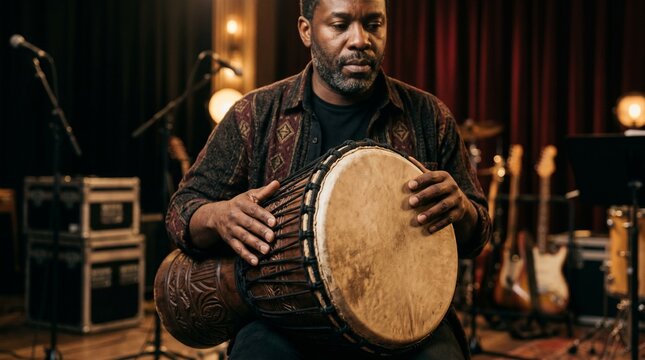 Man playing djembe drum on stage.