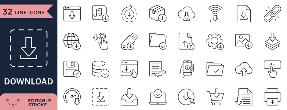 Download line icon set. File, Arrow Pointer, Cloud, link and folder Editable stroke
