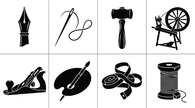 Crafts and Trades Tools Vector Icon Set Featuring Sewing, Carpentry, and Art Instruments