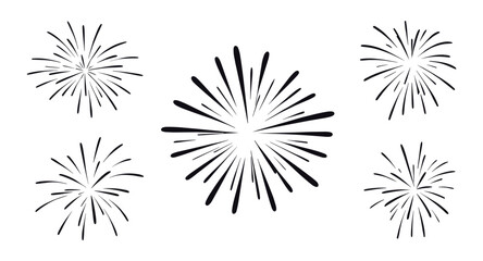 A collection of five hand-drawn starbursts or bursts of light, presented in black ink on a white background. The central burst is the largest and most dynamic, radiating strong lines outwards. © Vector By Thakur