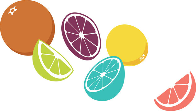 Dynamic Floating Citrus Fruit Slice Set with Flying Whole Orange Lemon and Colorful Falling Wedges for Fresh Juice Beverage Branding Graphic Designs