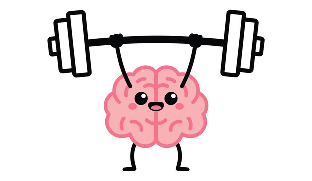 A cute cartoon brain lifting a heavy barbell with weights. The brain has a happy expression, with big, rosy cheeks and wide eyes, symbolizing strength and intelligence