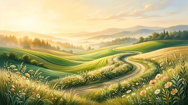 Scenic French Countryside Landscape with Winding Road