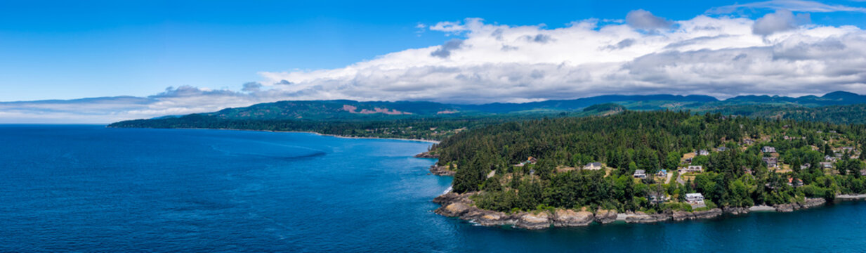 Aerial Panoramic View of Otter Point Coastal Forest and Ocean Shoreline Near Sooke, Vancouver Island