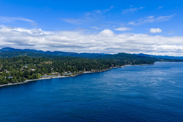Naklejka premium Pacific Coastline View Over Forested Shoreline and Blue Ocean at Otter Point, Sooke, Vancouver Island