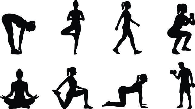 Collection of black silhouettes featuring people doing yoga poses fitness exercises gym workouts and stretching isolated on white background