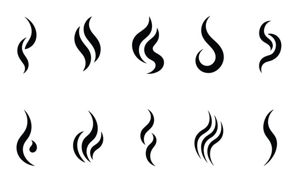 A collection of ten black and white abstract graphic icons representing wisps of steam or smoke, each with a unique flowing shape