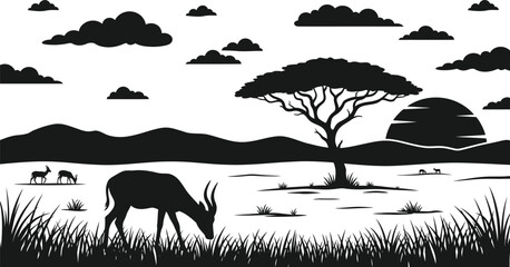 African safari landscape vector illustration, beautiful black silhouette of wild savanna scene with tree, mountains, clouds, antelopes. © Fazla Rabbi