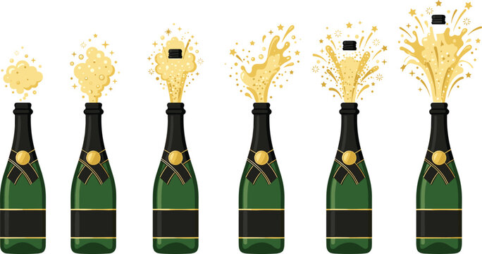 Champagne bottle popping sequence set with exploding cork sparkling foam and golden stars vector illustration