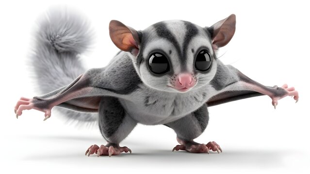 Adorable realistic sugar glider in flying pose with stretched gliding membrane isolated on white background.