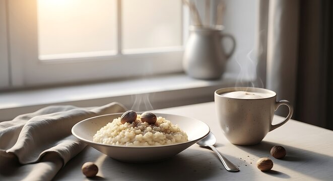 A warm and comforting bowl of creamy nutmeg rice pudding served with a steaming cup of coffee in a cozy morning atmosphere by a window.