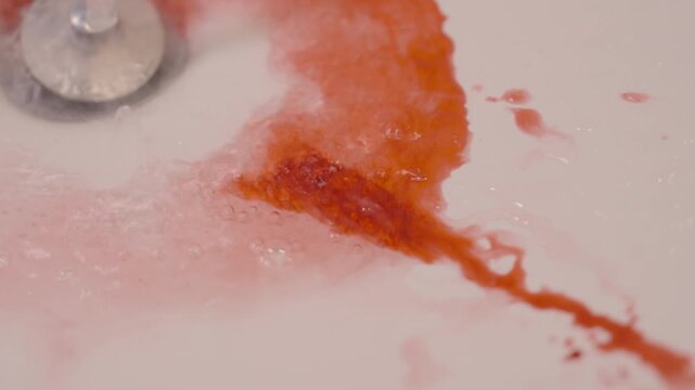 A sink with blood dripping and water being turned on to clean it up.This symbolizes injury, discomfort, a nosebleed, or an accident.