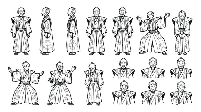 Elderly Japanese Samurai Character Sheet in Traditional Line Art