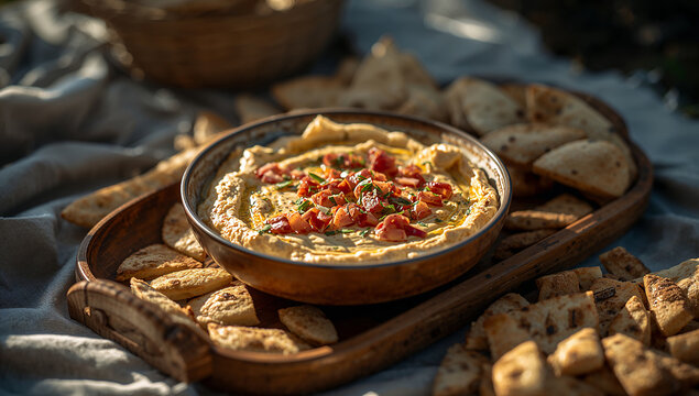 Creamy homemade hummus dip topped with fresh chopped tomatoes and herbs served with pita bread on a rustic wooden tray for an outdoor picnic middle eastern olive oil party food photography