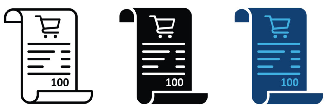 Three styles of shopping receipt icons featuring cart symbols displayed as a vector on transparent background