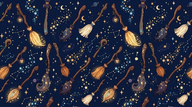 Seamless pattern with magical witch brooms and cosmic elements