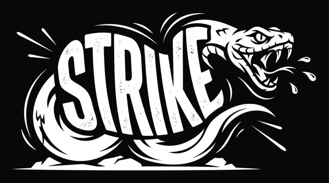 Striking snake with open jaws and venom drops integrated with the word strike, black and white with a distressed texture