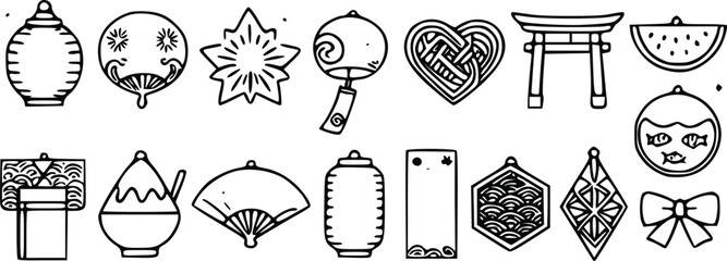 Detailed black and white vector illustration collection featuring various traditional Japanese summer festival cultural icons and decorative seasonal objects © Arun