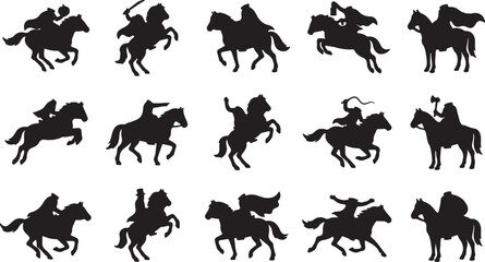 Naklejka premium Warriors on horseback silhouettes collection in action poses diverse historical warriors.
