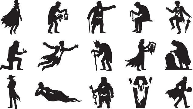 Gothic characters silhouettes for halloween spooky figures collection mysterious victorian men.