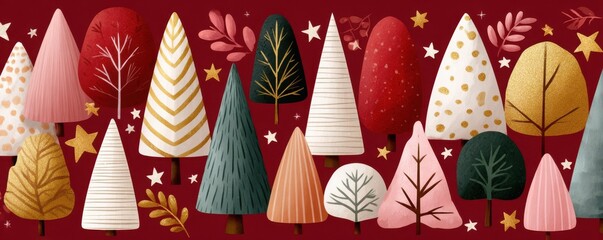 Fototapeta premium Festive Christmas tree pattern with colorful stylized trees on burgundy background and stars