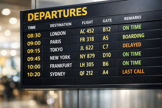 Airport departures board showing flight times and statuses. Travel, vacation
