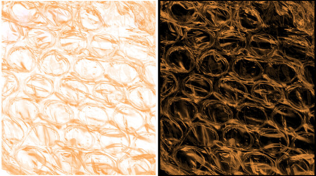 Abstract bubble wrap texture set, orange plastic packaging material background, macro protective film overlay for shipping and logistics