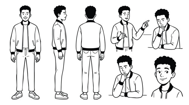Consistent male character turnaround sheet in line art