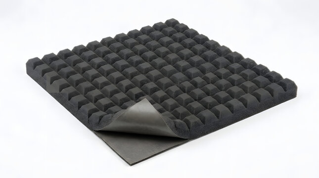 Black self-adhesive acoustic foam soundproofing panel with square grid pattern isolated on white background