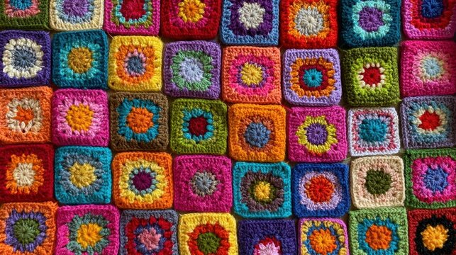 bright colorful handmade crochet granny squares pattern background texture traditional wool knitting craft artwork top view vibrant creative textile multi colored yarn ornamental handicraft design