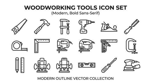 Woodworking tools icon set modern bold sans-serif woodcraft equipment simple outline icons.