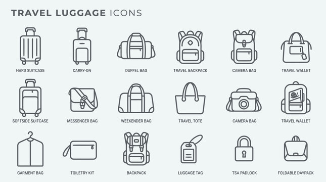 Travel luggage and suitcase icon collection for airport transport and vacation trip gear.