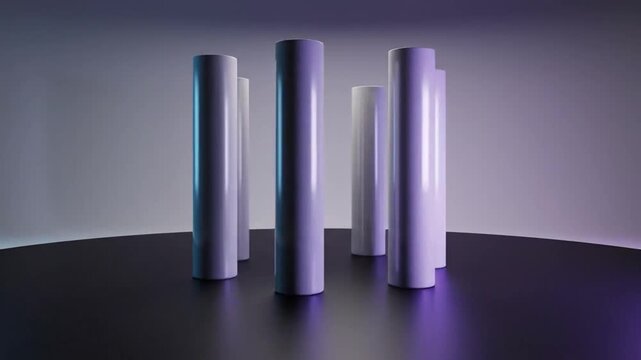 Several tall white cylindrical stand on a dark reflective surface under soft purple and blue ambient lighting creating a modern abstract composition
