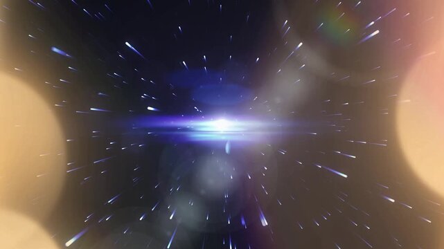 Deep space warp speed starburst with brilliant center lens flare and warm bokeh, abstract cosmic background