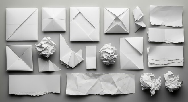 Collection of White Paper Elements, Folded Envelopes, Crumpled Balls, and Torn Paper Edges on Gray Background