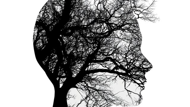 Double Exposure Male Head Bare Winter Tree Black White Art