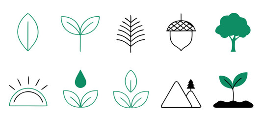 Nature's icons in minimalist outline and solid green a growing plant seed acorn and tree © Mim Studio