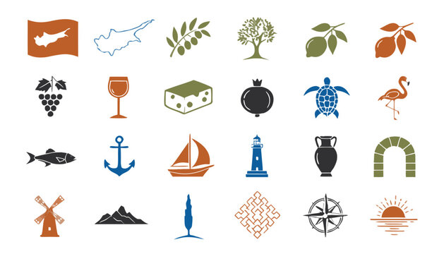 Cyprus travel icons with olive branch and citrus fruit on white background for tourism promotion