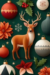 Fototapeta premium Festive deer among Christmas ornaments on a dark green background with holly and poinsettias