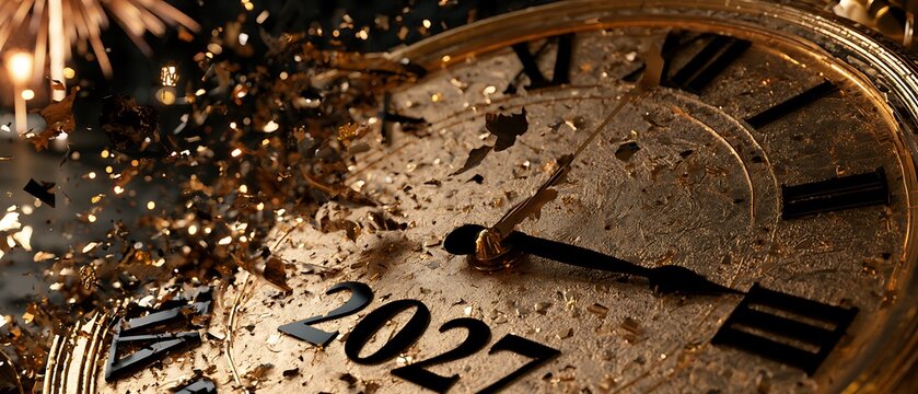 Vintage golden clock face showing the year 2027 with hands approaching midnight surrounded by exploding glitter and holiday confetti