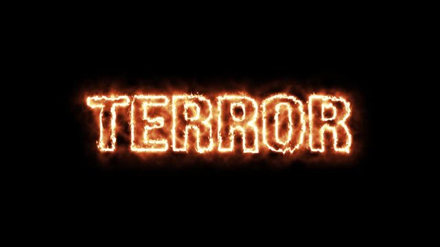 Fiery Hell Terror Burning Brightly Against Black Background. Glowing orange text spelling terror.