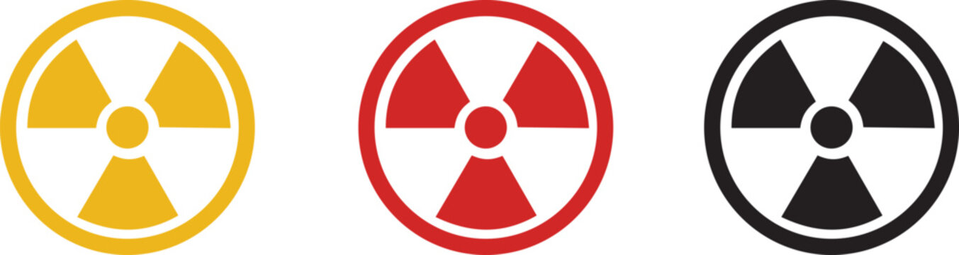 Radiation symbol icon set collection with nuclear hazard warning signs in black yellow red color variations, radioactive energy symbols, outline and filled vector design for safety and industrial use