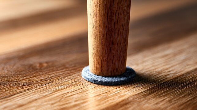 Furniture leg standing on a felt pad, protecting a hardwood floor from scratches and damage with careful floor care in a close up view