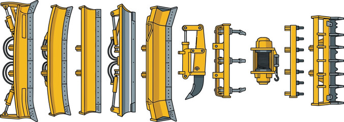 Set of bulldozer blade attachments and heavy construction equipment parts in flat vector style. © KhadizaAkter