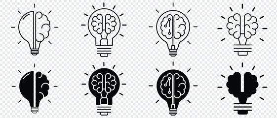 Light bulb brain icon set. Creative, generating idea, solution , knowledge, lamp stock vector. idea and creativity vector collection. Creative idea and innovation light bulb icon.  © Quirk Craft Studio