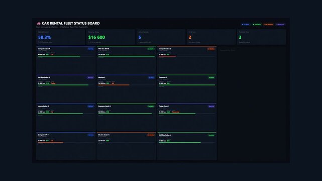 Car rental fleet management dashboard animation showing booking funnel vehicle utilization and revenue breakdown for transportation business analytics