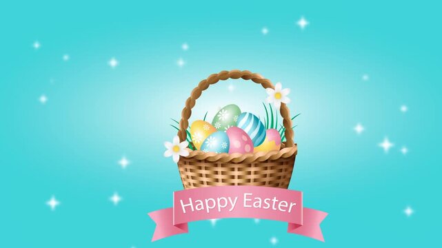 A beautiful and festive Easter holiday background featuring a rustic woven basket filled with colorful decorated Easter eggs and fresh spring flowers. Elegant "Happy Easter" text appears on screen. Pe
