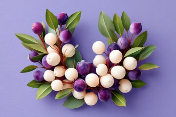 Obraz premium White and purple berry wreath with green leaves on purple background, a festive decorative arrangement for holiday decor